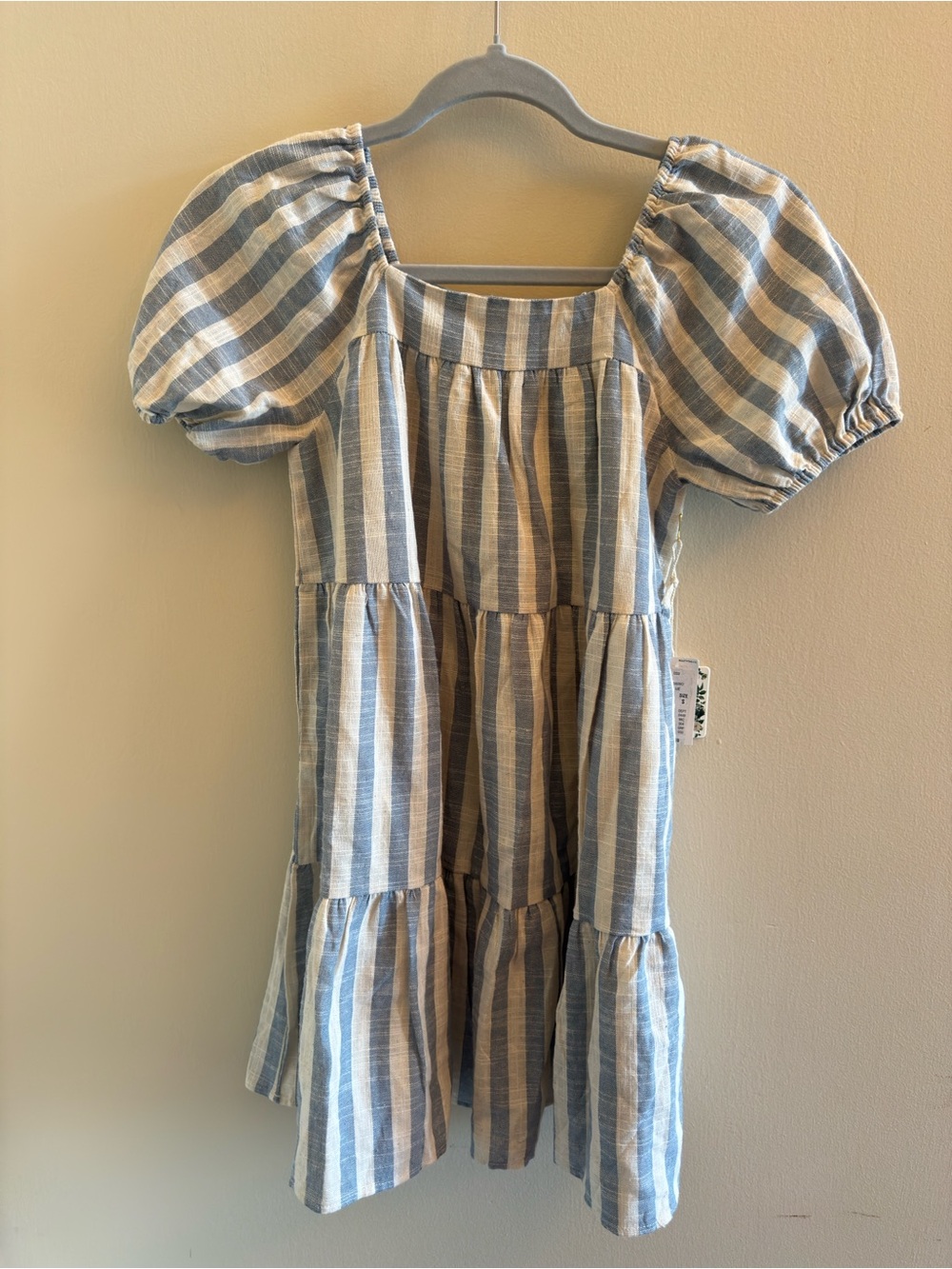 Chelsea & Violet Blue and White Striped Tiered Puff-Sleeve Dress